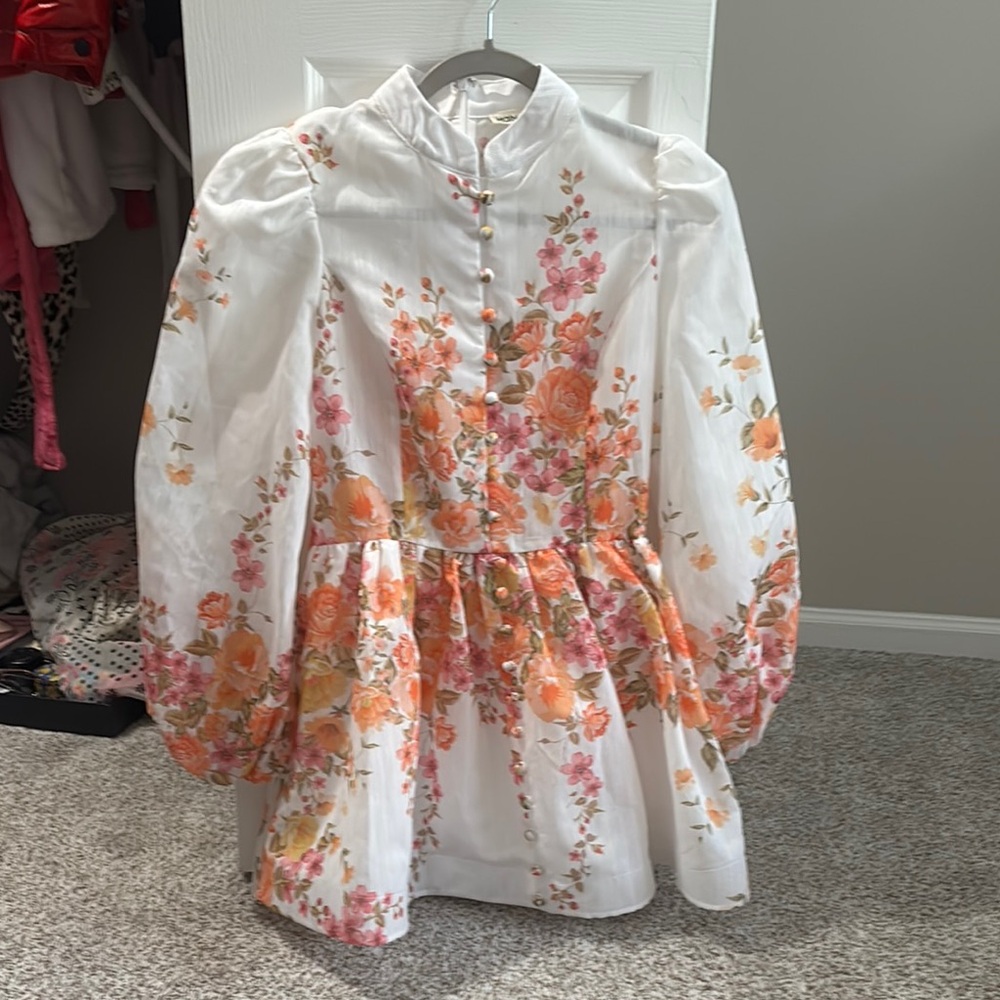 White and Orange Formal Sundress with Bishop Sleeves